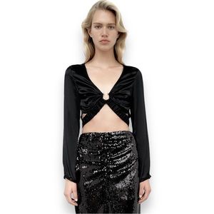 NWT Zara Black Cutout Long Sleeve Satin Crop Top Shirt
